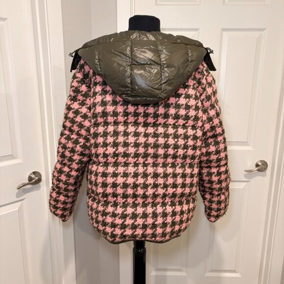 Moncler Chevril Down Jacket, Pink Houndstooth Tweed with Olive Green Hood, Sz 2 - Picture 2 of 7
